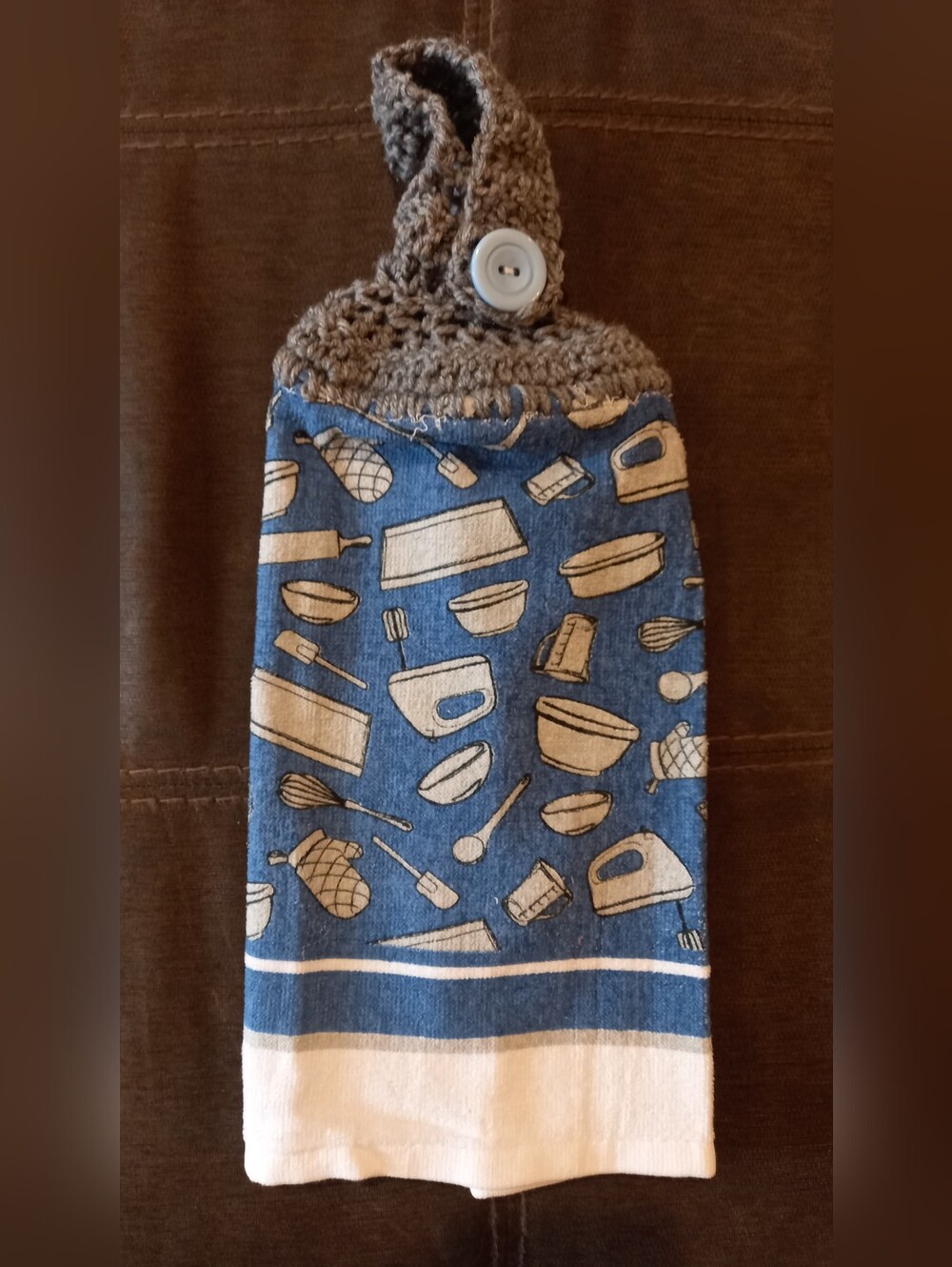 Blue and White Kitchen Towel Crocheted Hanger Handmade